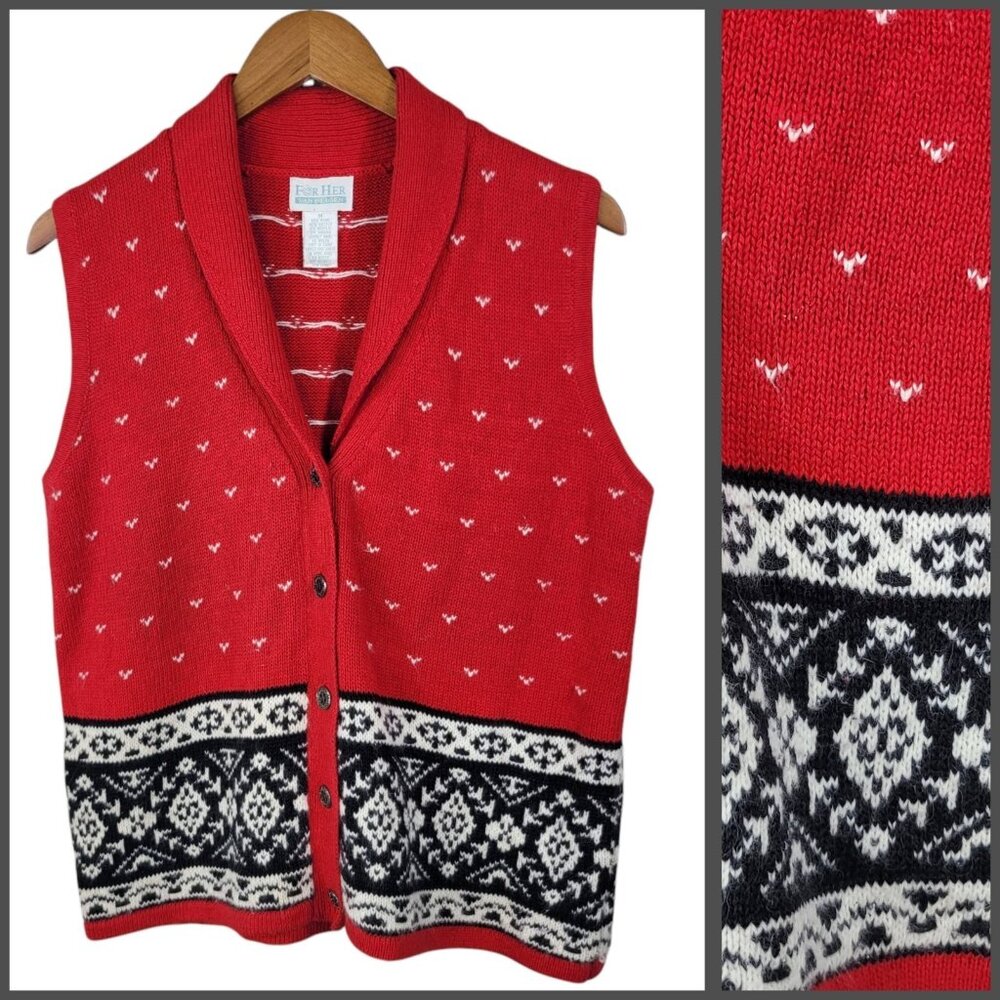Vintage Sweater Vest Size Medium Nordic Snowflake Icelandic Cardigan Angora Red